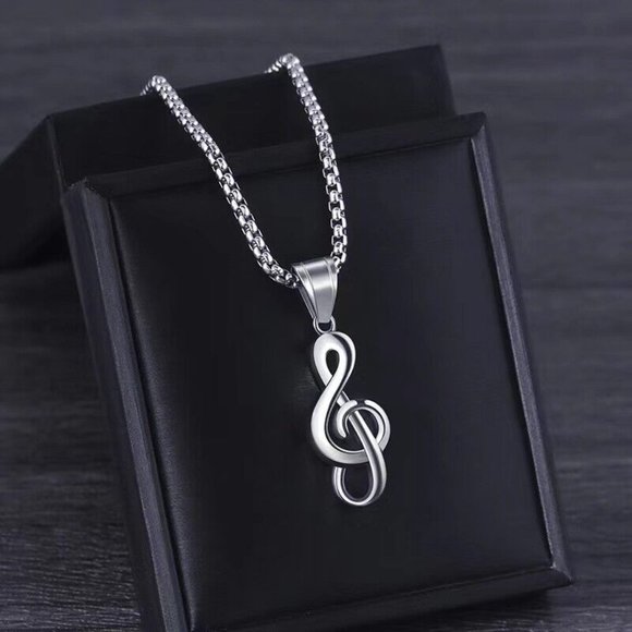 Silver‎ Music Note G Treble Clef Pendant Necklace with Chain 24" Mens Womens - Picture 1 of 4
